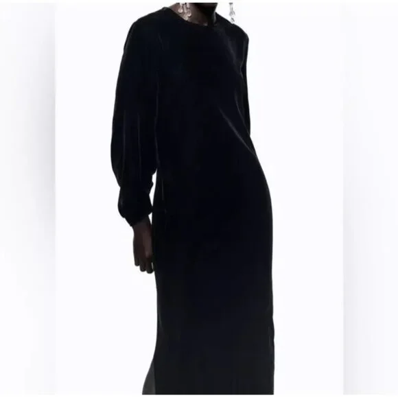 Zara Velvet Burnout Modesty Goth Draped Slit Maxi Dress Black Womens Size Small - Picture 8 of 14